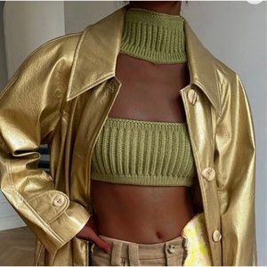 Womens|Knit Halter Crop Top|Large L|Green|Stretch|Sleeveless